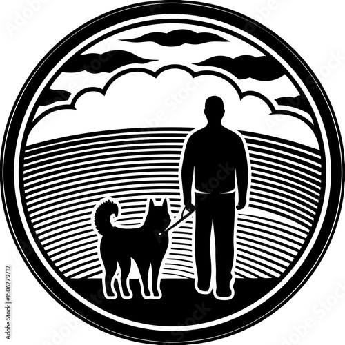 Man and Dog Walking in Nature Silhouette Illustration in Circular Frame