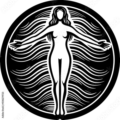 Abstract Woman Figure Surrounded by Waves in a Black and White Circle