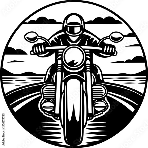 Motorcycle Rider on Open Road with Helmet in Black and White
