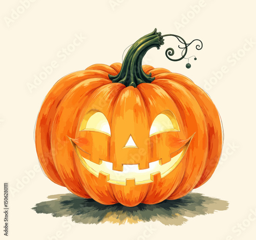 Illuminated Jack-o'-Lantern on Grass with Whimsical Stem