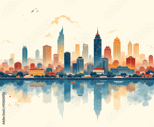Illuminated Cityscape Reflection at Sunset
