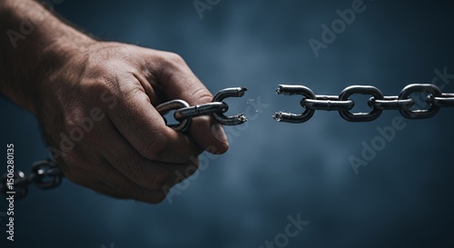 Breaking Free: A Hand Breaks a Metal Chain, Symbolizing Liberation and Freedom from Bondage