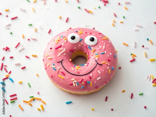 Pink donut with sprinkles and a happy face on white surface