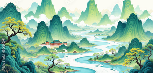 Lush Mountain River Valley with Traditional Temple