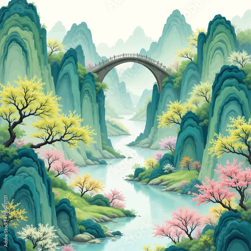 Lush Mountain Valley with Stone Bridge and Blossoms