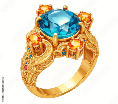 Luxurious Gold Ring with Blue Gem and Orange Accents