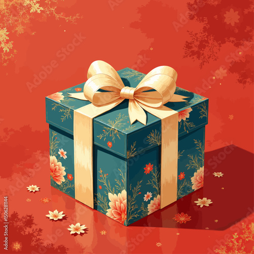 Luxurious Gift Box with Floral Designs on Red Background
