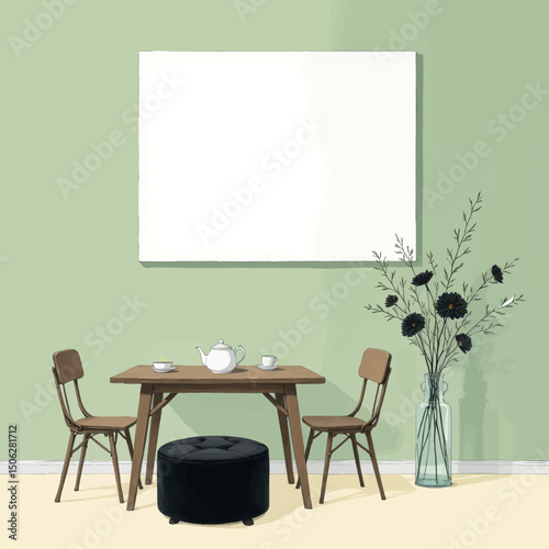 Minimalist Dining Nook with Teapot and Black Flowers