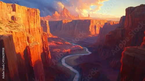 Majestic Canyon Sunset: A River's Journey Through Ancient Stone