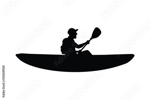 Silhouette of a man kayaking peacefully on water, paddling forward with strength and focus.