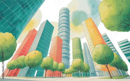 watercolor-style illustration depicts a vibrant and abstract urban skyline, featuring buildings of various shapes and colors, interspersed with trees.