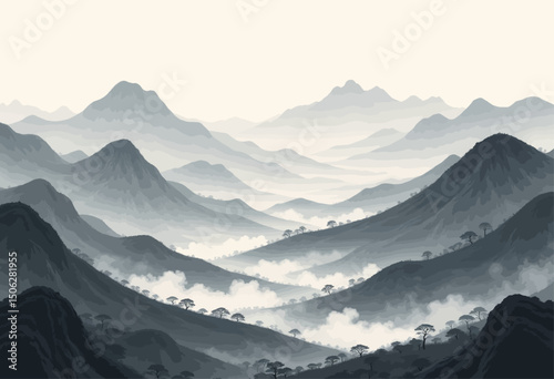 Misty Mountain Range with Serene Trees