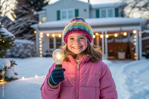 Girl holding lightbulb in snowy winter holiday scene outdoor