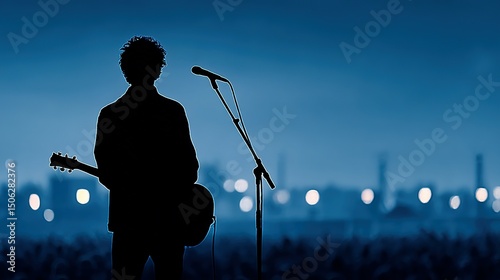 Silhouette of a musician performing on a stage at night. photo
