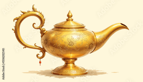 Opulent Golden Teapot with Elegant Design and Floral Engravings