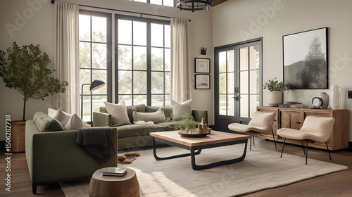 Modern Home, Farmhouse Living Room, Luxury Hotel Style, American Rustic, Varied Natural Settings, Dynamic Lighting, Diverse Materials, Randomized Weather, Intricate Textures, Harmonious Composition (A