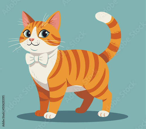 Playful Orange Tabby Cat with Bowtie on Turquoise Background