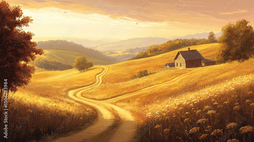 Fototapeta premium Golden Hour Countryside: A Serene Rural Landscape