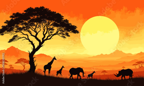 Safari Sunset Serenity: Wildlife in Golden Savannah