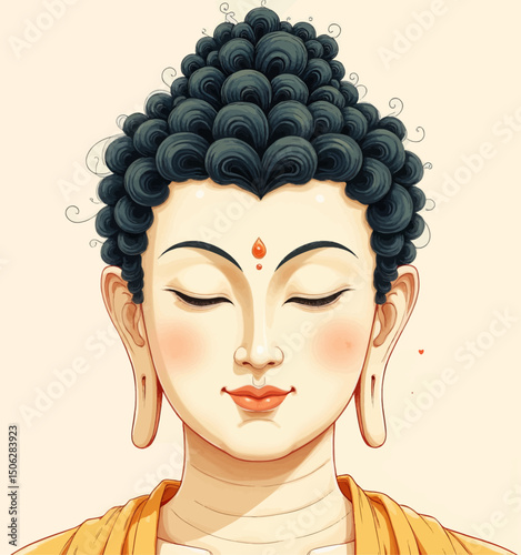 Serene Buddha Illustration with Curly Hair and Orange Robe