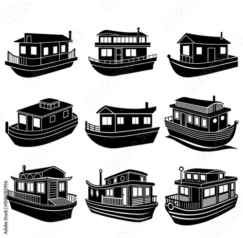 houseboat silhouette vector illustration