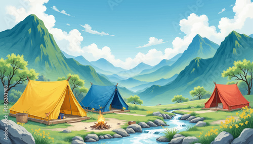 Serene Mountain Camping with Colorful Tents and Clear Stream