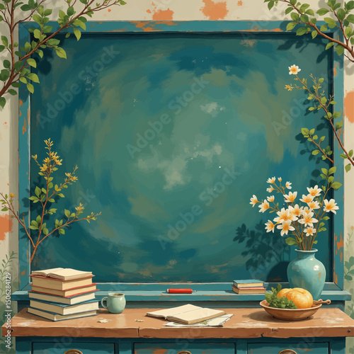 Serene Study Nook with Teal Window and Fresh Blooms