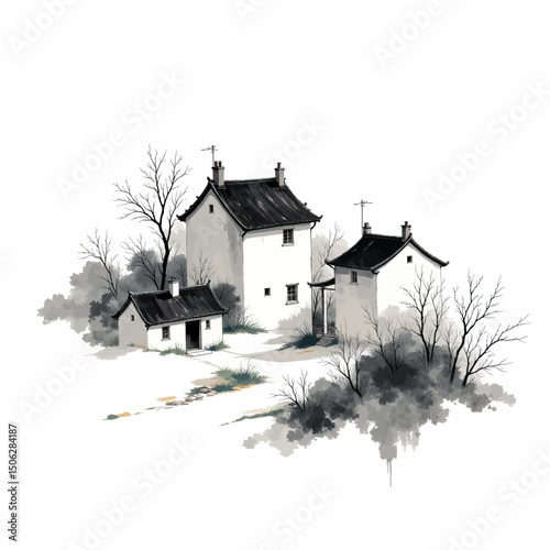 "Serene Winter Village in Foggy Countryside"