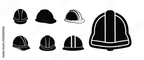 Safety helmet icon, helmet symbol, construction helmet silhouette, black and white color illustration.