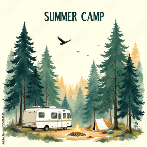 Summer Camping in Forest with RV and Campfire