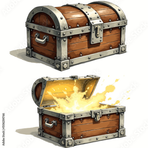 Treasure Chest Revealing Golden Explosion, Vintage Adventure Theme