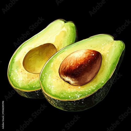 Two avocado halves, one with the pit and one without, showcasing fresh, creamy green flesh with a light dusting of seasoning, isolated on a black background photo