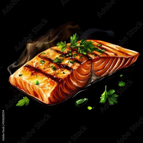 A grilled salmon steak with rich sear marks, glistening with juices and garnished with fresh herbs, emitting aromatic steam, isolated on a black background photo