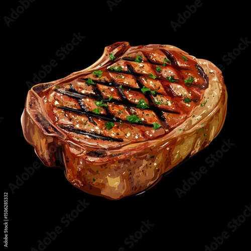 A juicy grilled steak with bone-in cut, seared grill marks and garnished with herbs and cracked pepper, perfectly rendered and isolated on a black background photo