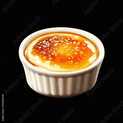 A delicious crème brûlée with golden caramelized sugar crust served in a white ceramic ramekin, glowing under soft light, highlighting creamy texture and rich dessert appeal, isolated on black backgro photo