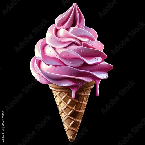 A swirl of pink and white soft serve ice cream in a waffle cone, dripping slightly with glossy texture and vibrant creamy layers, isolated on a black background photo