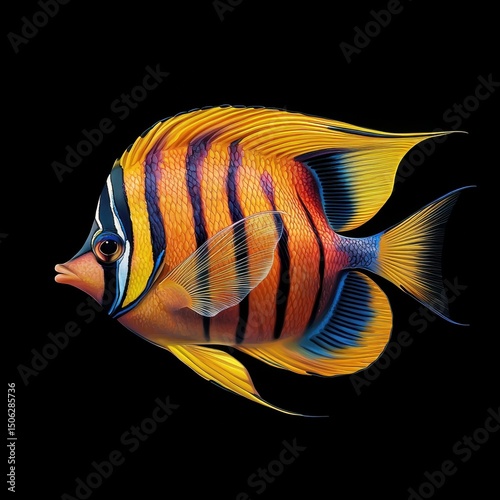 A butterflyfish with vivid orange and blue stripes and translucent fins, isolated on a black background photo