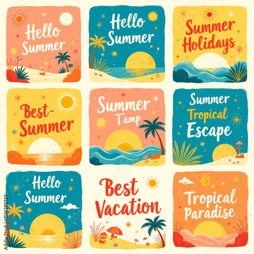 Vibrant Summer Holidays: Tropical Beach Scenes with Sunsets and Palm Trees