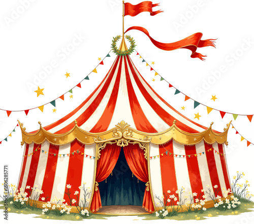 Vintage Circus Tent with Red and White Stripes and Festive Bunting