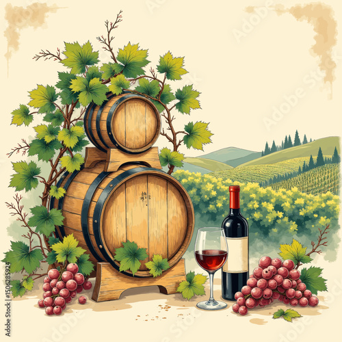 Vintage Vineyard Delight: Barrels, Grapes, and Wine Glass