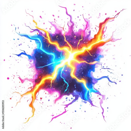 Colorful electric shock burst with vibrant lightning arcs and glowing impact energy photo