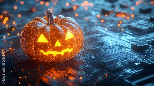 Glowing Jack o' lantern on Circuit Board Digital Halloween Concept