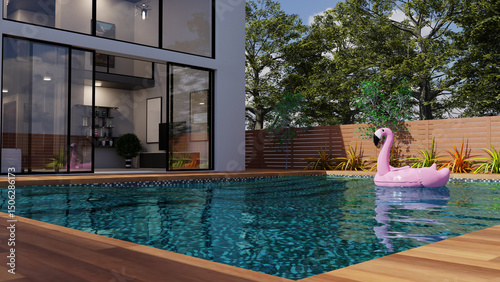 3D illustration. A small private swimming pool in the backyard of a luxury villa.