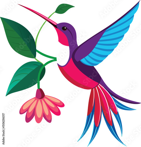 Vibrant hummingbird in flight, feeding on a flower, perfect for nature lovers.