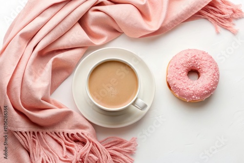 Pink donut coffee and scarf on white surface flat lay style