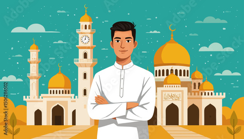 Young Man Standing Proudly in Front of Mosque with Golden Domes and Clock Tower