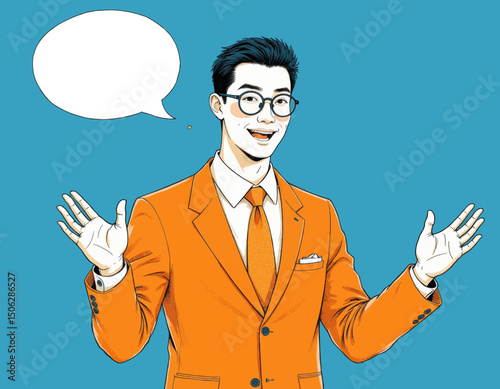 Young Professional in Orange Suit Expressing Ideas