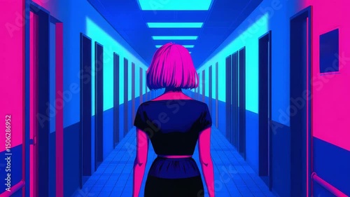Woman with Pink Hair Walking Down a Neon Lit Corridor Retro Futuristic Style