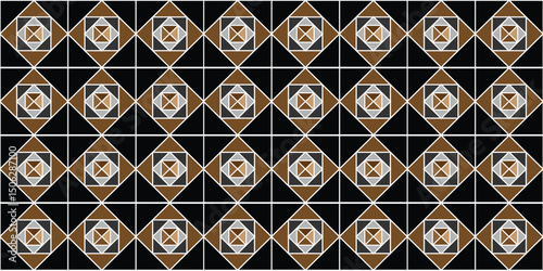 Seamless Geometric Tile Pattern with Black, Gold, and White Elements, Modern Abstract Diamond and Square Design in Earth Tones, 
Elegant Geometric Repeat Background with Symmetrical Shapes.