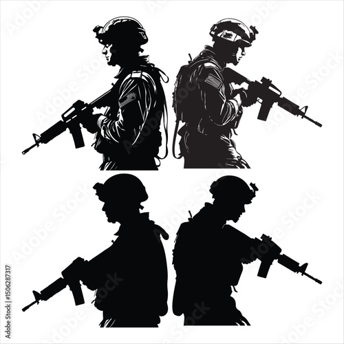 Silhouette vector set of American soldier holding gun. On white background